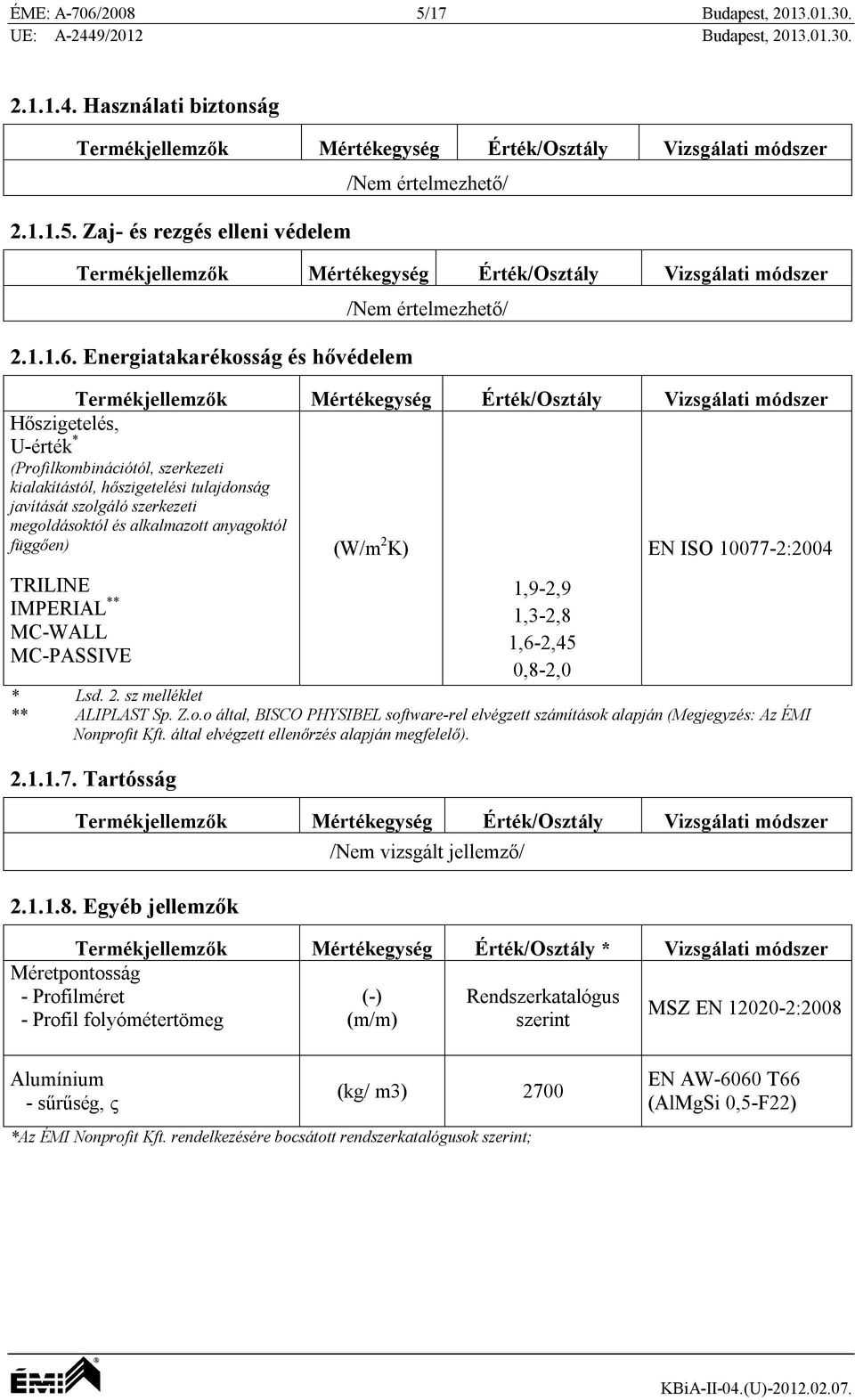 Energiatakarékosság és hővédelem /Nem értelmezhető/ Hőszigetelés, U-érték * (Profilkombinációtól, szerkezeti kialakítástól, hőszigetelési tulajdonság javítását szolgáló szerkezeti megoldásoktól és