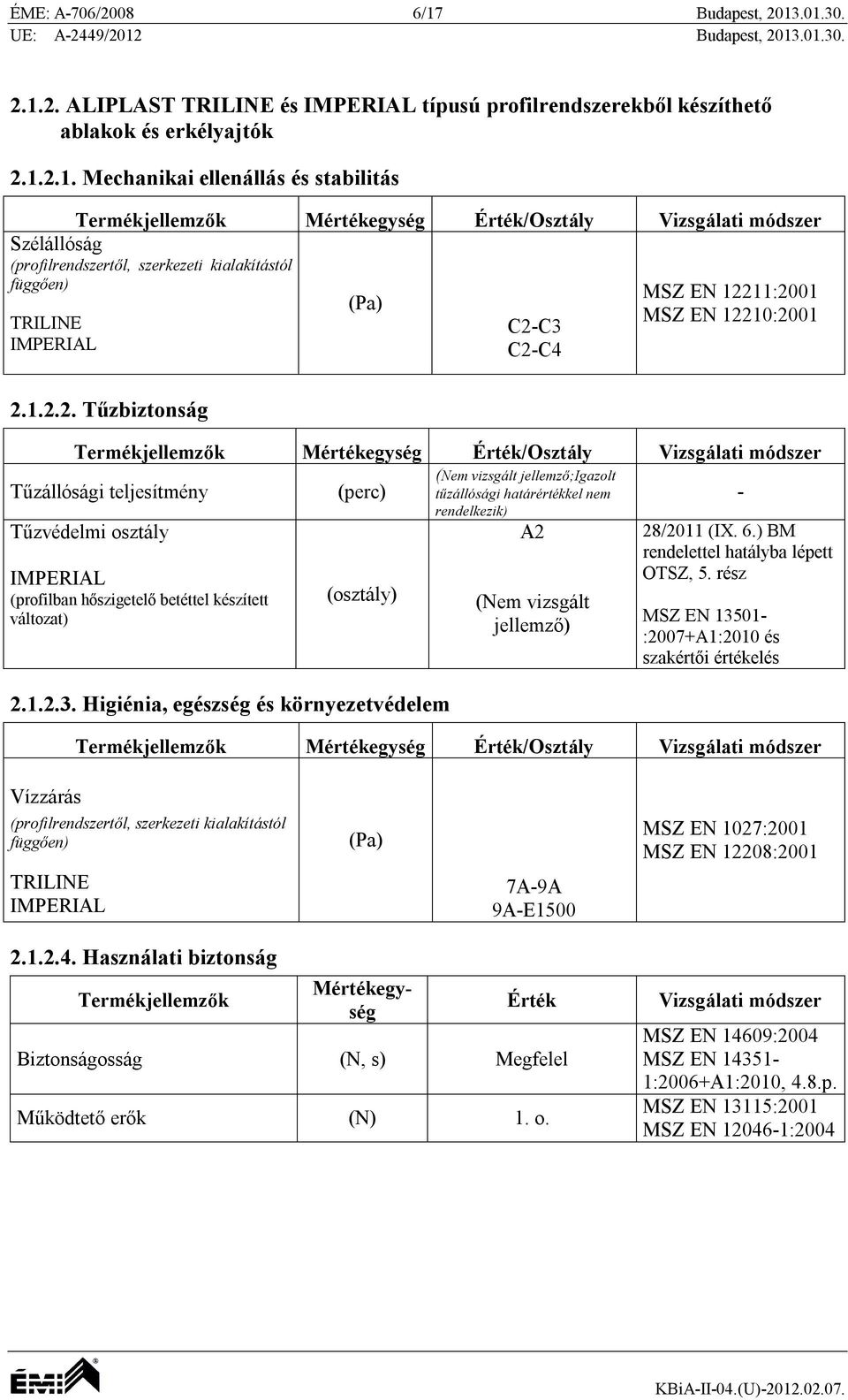Higiénia, egészség és környezetvédelem (Nem vizsgált jellemző;igazolt tűzállósági határértékkel nem rendelkezik) A2 (Nem vizsgált jellemző) - 28/2011 (IX. 6.) BM rendelettel hatályba lépett OTSZ, 5.