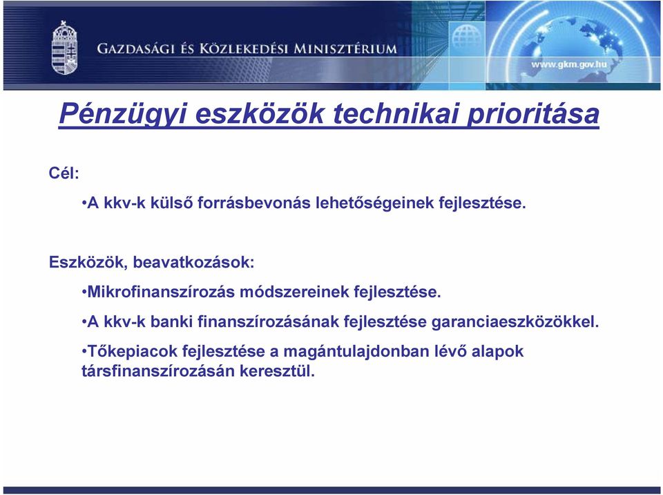 Eszközök, beavatkozások: Mikrofinanszírozás módszereinek fejlesztése.