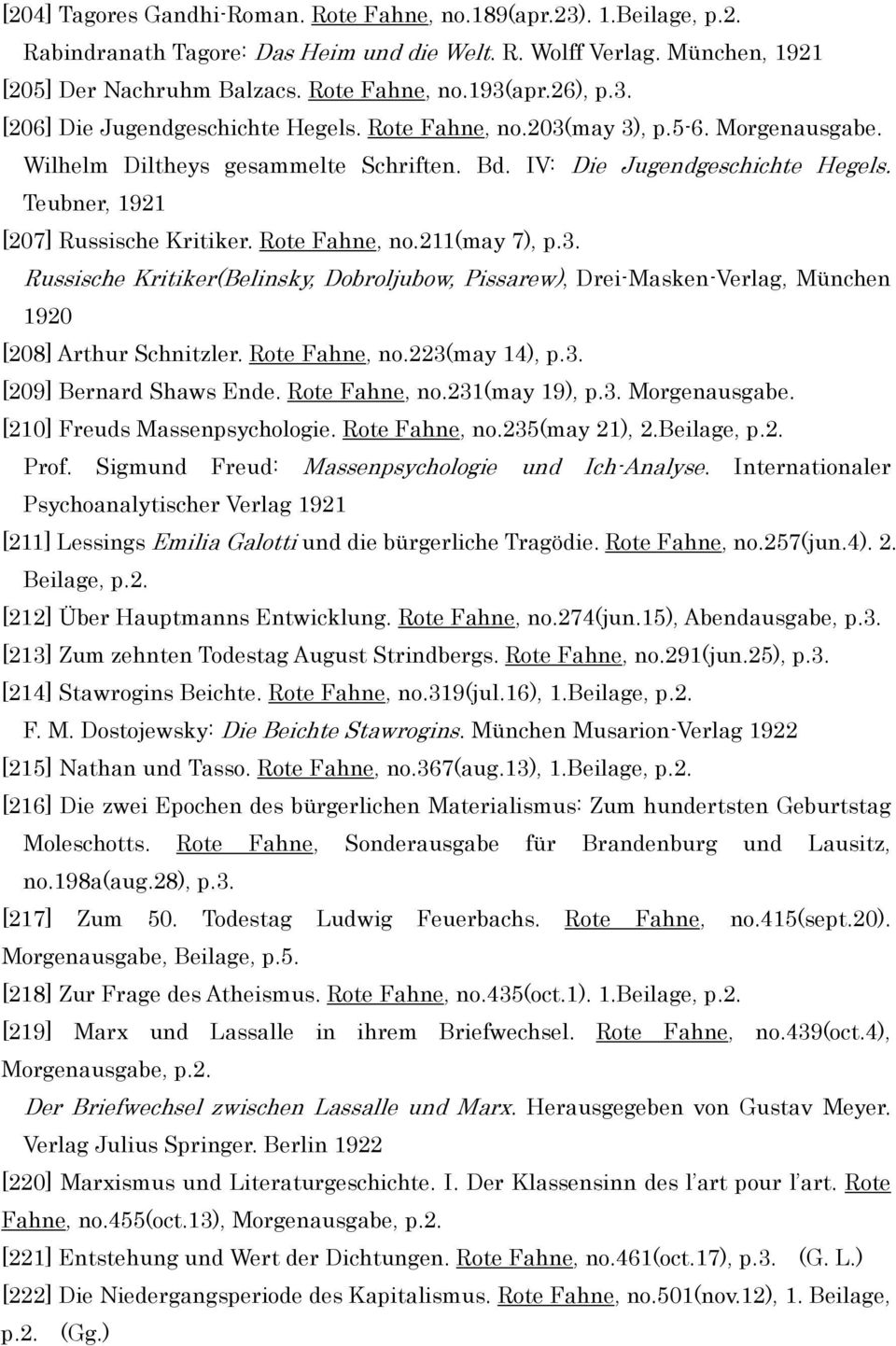 Teubner, 1921 [207] Russische Kritiker. Rote Fahne, no.211(may 7), p.3. Russische Kritiker(Belinsky, Dobroljubow, Pissarew), Drei-Masken-Verlag, München 1920 [208] Arthur Schnitzler. Rote Fahne, no.223(may 14), p.