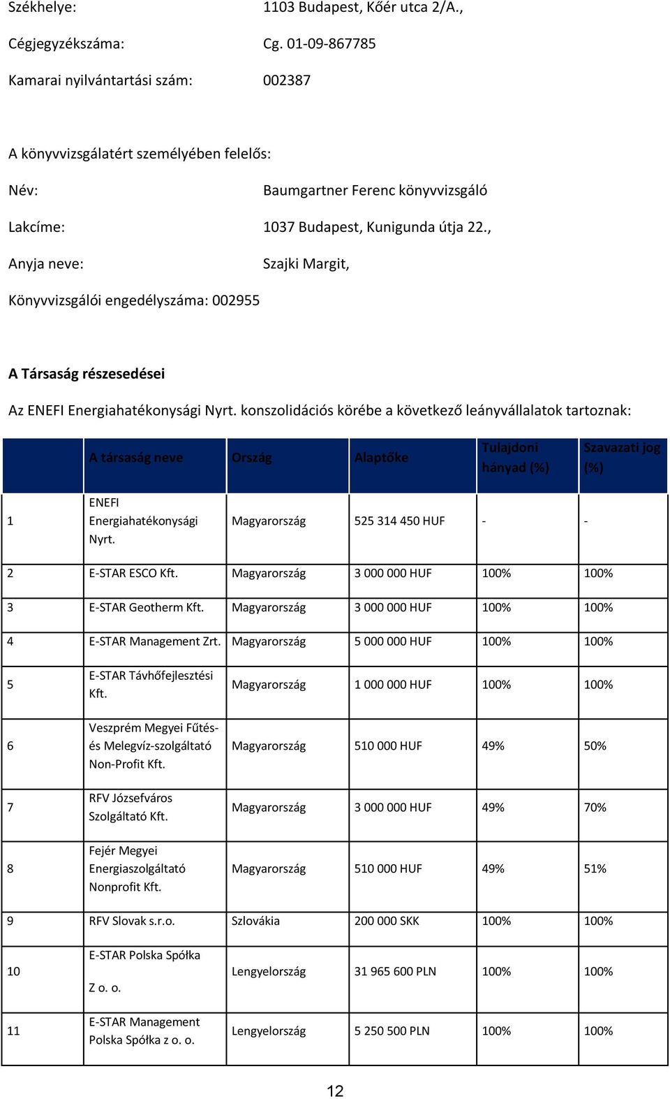 , Anyja neve: Szajki Margit, Könyvvizsgálói engedélyszáma: 002955 A Társaság részesedései Az ENEFI Energiahatékonysági Nyrt.