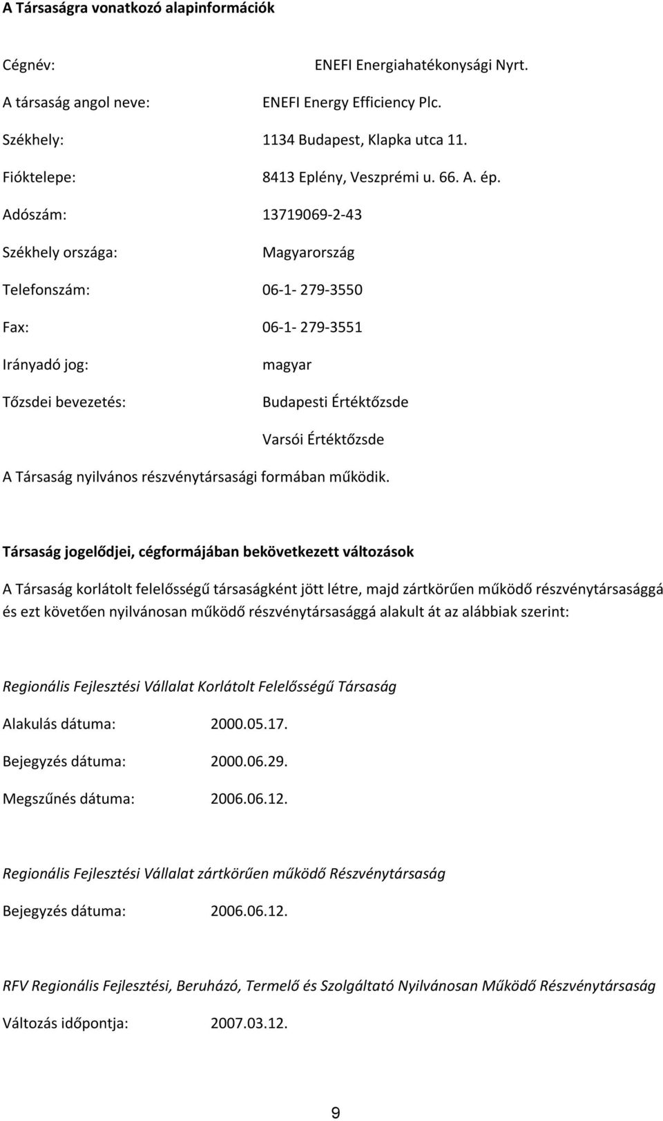 Adószám: 13719069-2-43 Székhely országa: Magyarország Telefonszám: 06-1- 279-3550 Fax: 06-1- 279-3551 Irányadó jog: Tőzsdei bevezetés: magyar Budapesti Értéktőzsde Varsói Értéktőzsde A Társaság