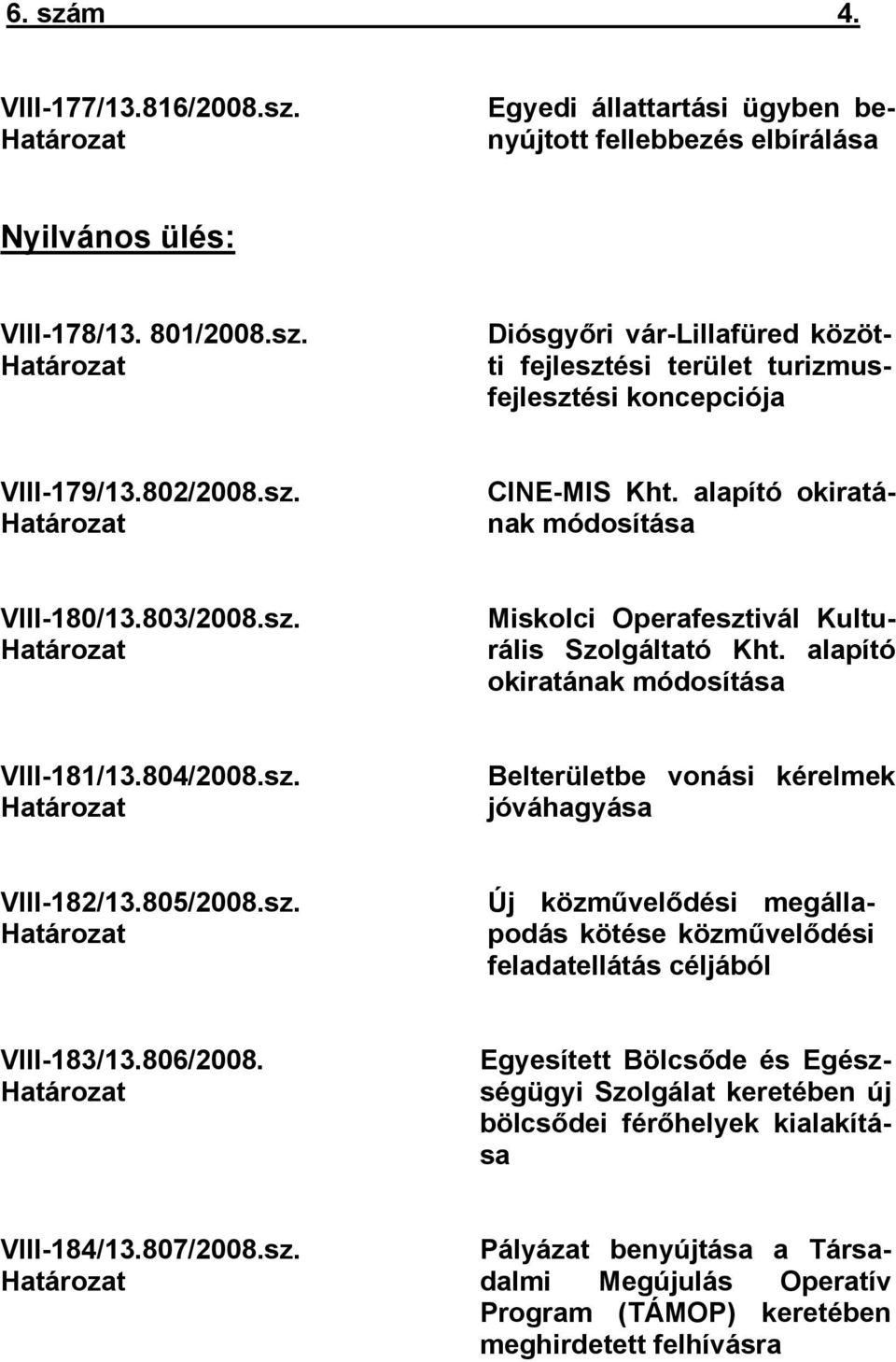 804/2008.sz. Határozat Belterületbe vonási kérelmek jóváhagyása VIII-182/13.805/2008.sz. Határozat Új közművelődési megállapodás kötése közművelődési feladatellátás céljából VIII-183/13.806/2008.