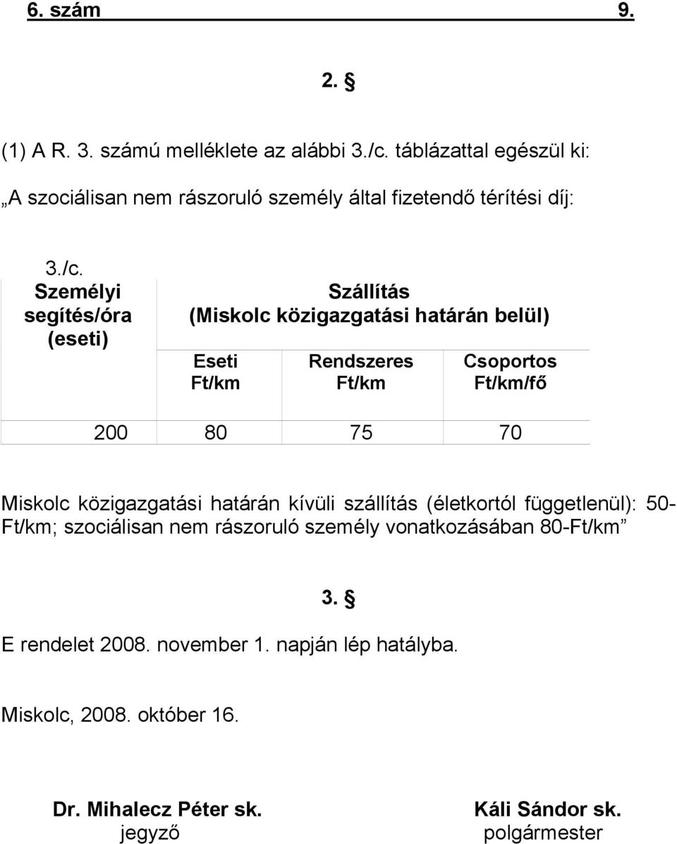 Személyi segítés/óra (eseti) Szállítás (Miskolc közigazgatási határán belül) Eseti Ft/km Rendszeres Ft/km Csoportos Ft/km/fő 200 80 75 70