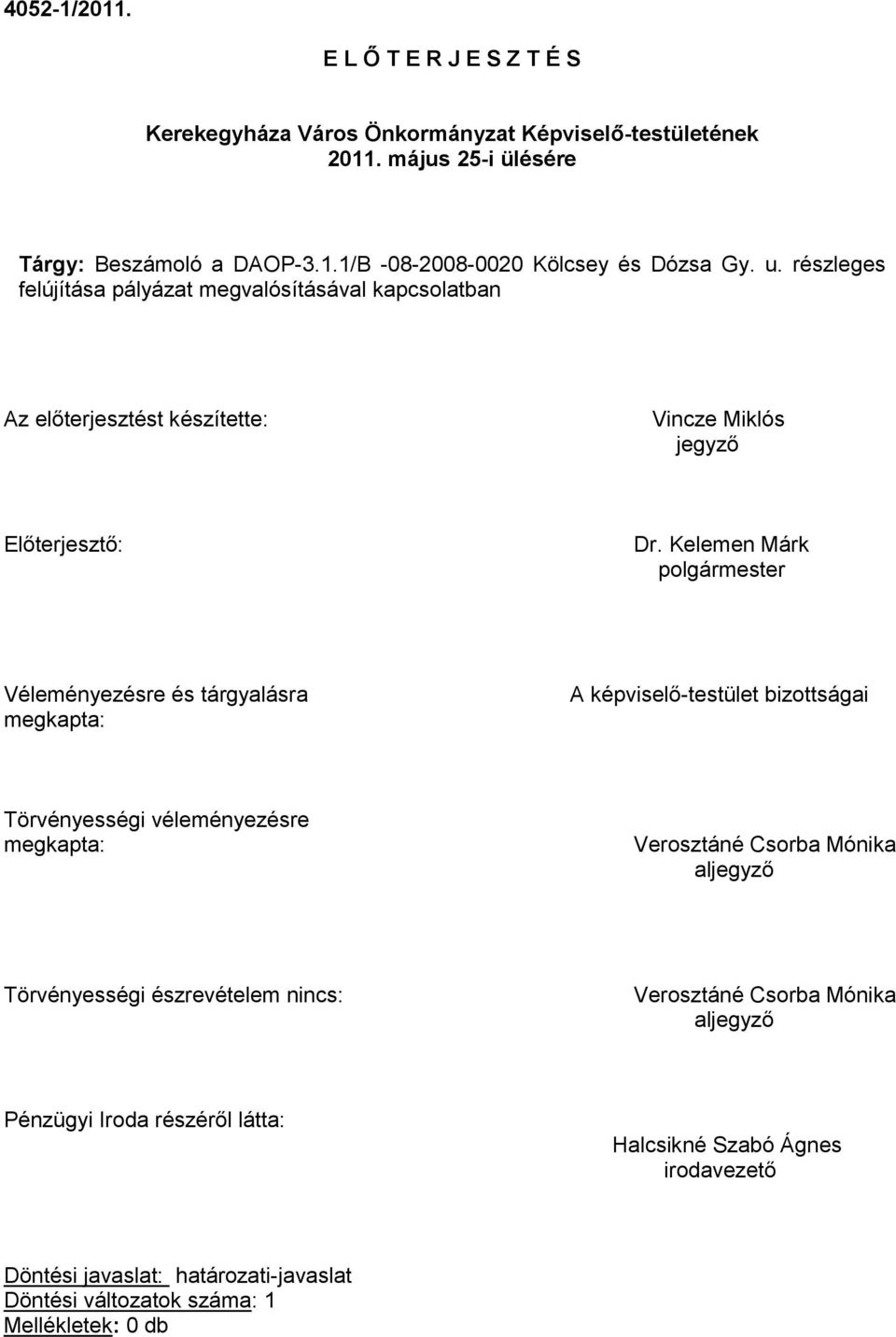 Kelemen Márk polgármester Véleményezésre és tárgyalásra megkapta: A képviselő-testület bizottságai Törvényességi véleményezésre megkapta: Verosztáné Csorba Mónika aljegyző