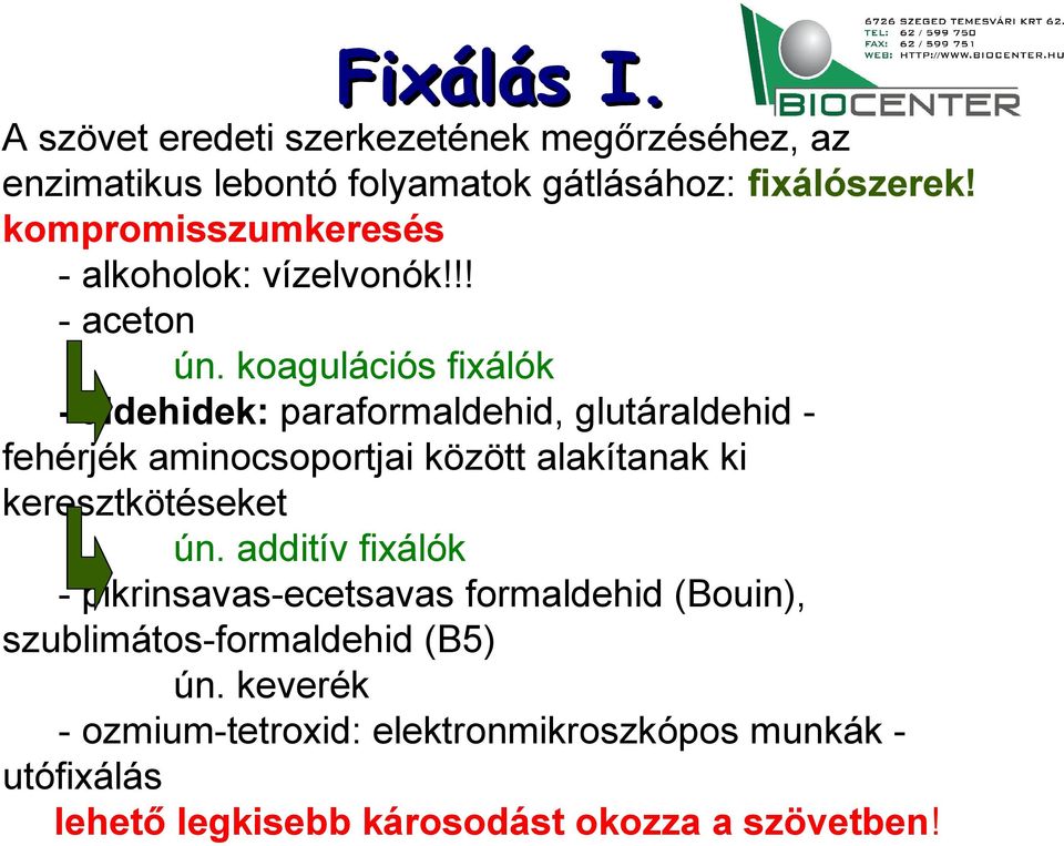 koagulációs fixálók - aldehidek: paraformaldehid, glutáraldehid - fehérjék aminocsoportjai között alakítanak ki keresztkötéseket ún.