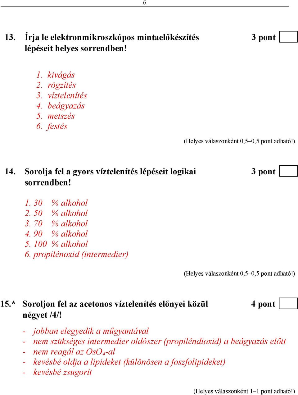 90 % alkohol 5. 100 % alkohol 6. propilénoxid (intermedier) (Helyes válaszonként 0,5 0,5 pont adható!) 15.* Soroljon fel az acetonos víztelenítés előnyei közül 4 pont négyet /4/!