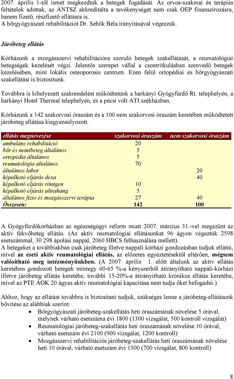 Sebők Béla irányításával végezzük. Járóbeteg ellátás Kórházunk a mozgásszervi rehabilitációra szoruló betegek szakellátását, a reumatológiai betegségek kezelését végzi.