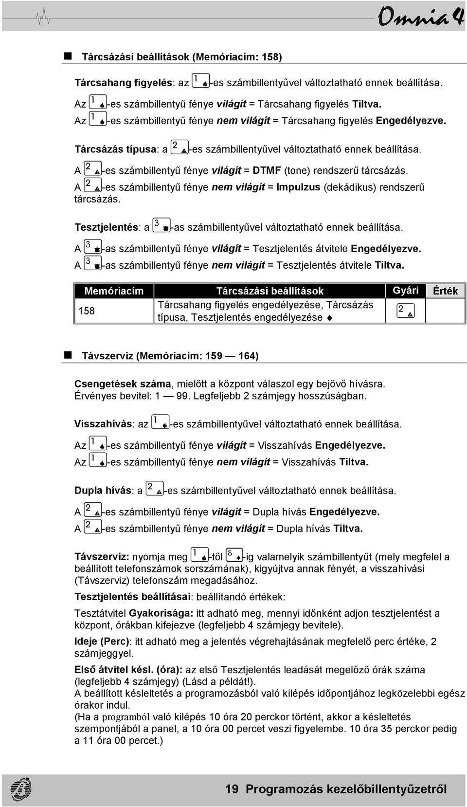 A -es számbillentyű fénye világít = DTMF (tone) rendszerű tárcsázás. A -es számbillentyű fénye nem világít = Impulzus (dekádikus) rendszerű tárcsázás.