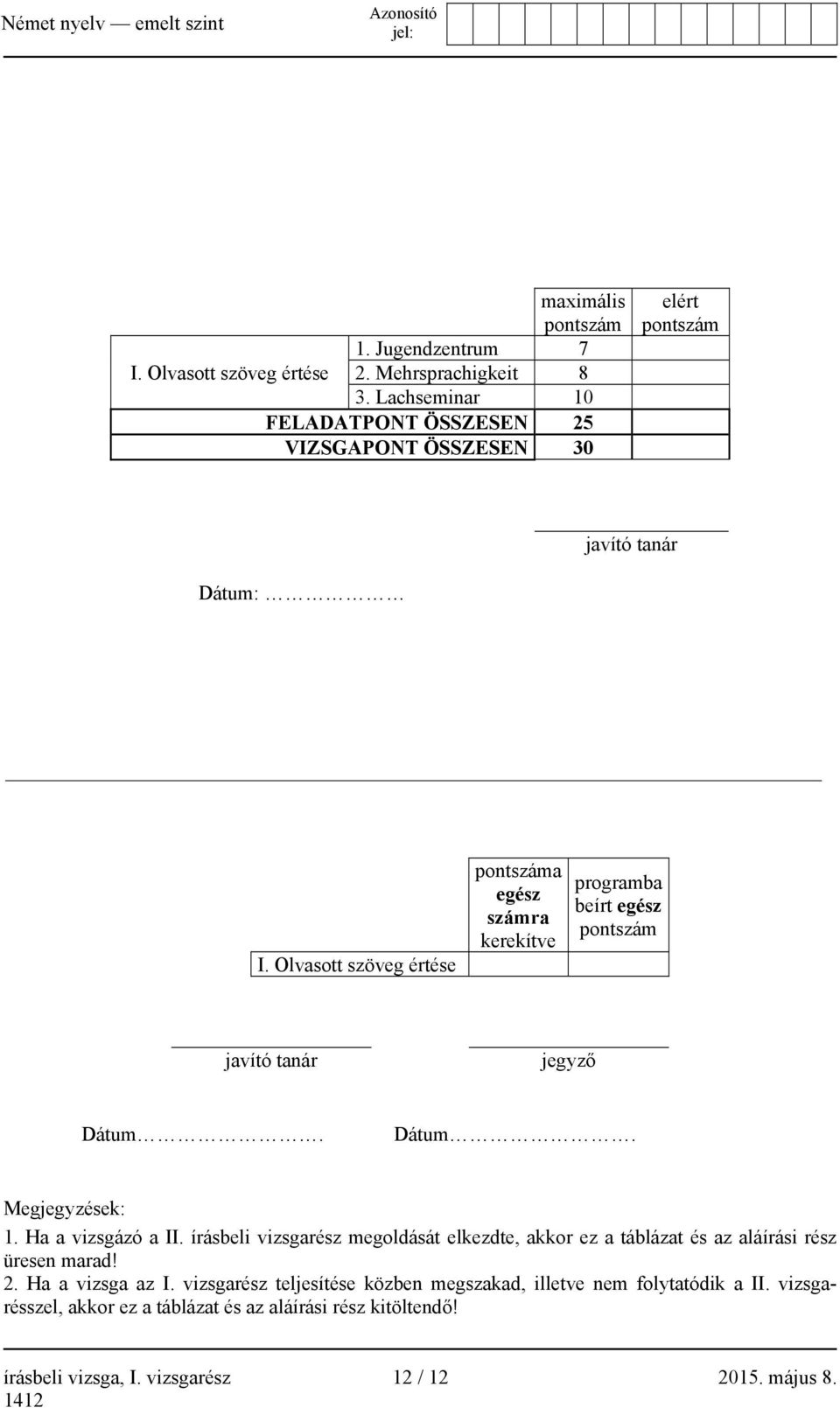 Olvasott szöveg értése pontszáma egész számra kerekítve programba beírt egész pontszám javító tanár jegyző Dátum. Dátum. Megjegyzések: 1. Ha a vizsgázó a II.