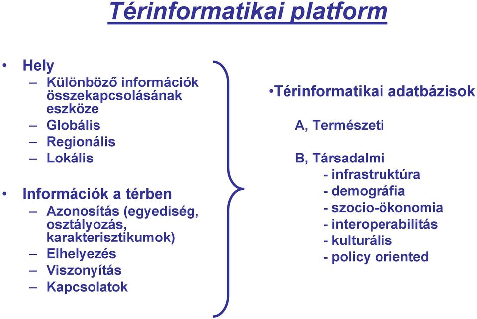 karakterisztikumok) Elhelyezés Viszonyítás Kapcsolatok Térinformatikai adatbázisok A,