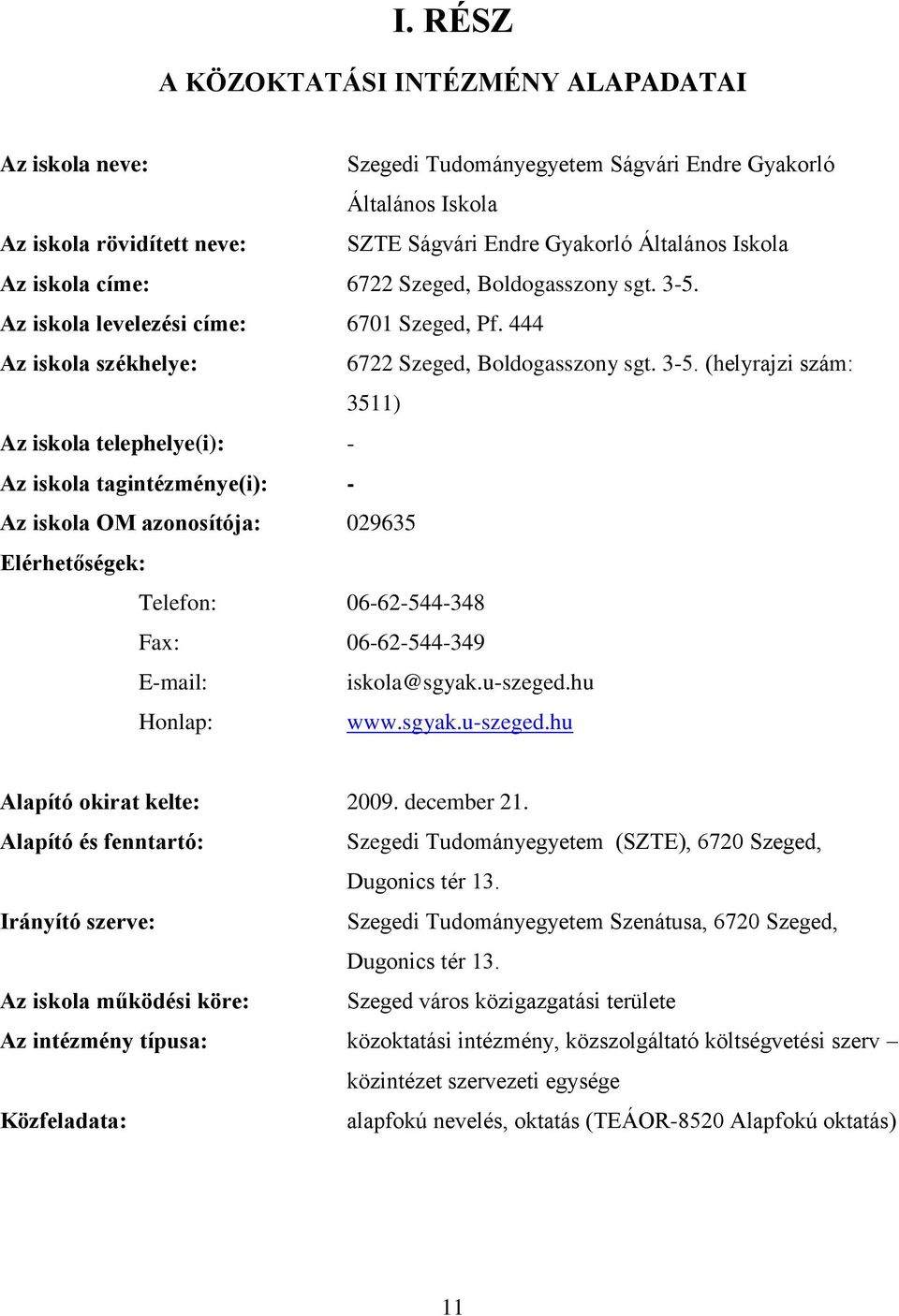 Az iskola levelezési címe: 6701 Szeged, Pf. 444 Az iskola székhelye: 6722 Szeged, Boldogasszony sgt. 3-5.