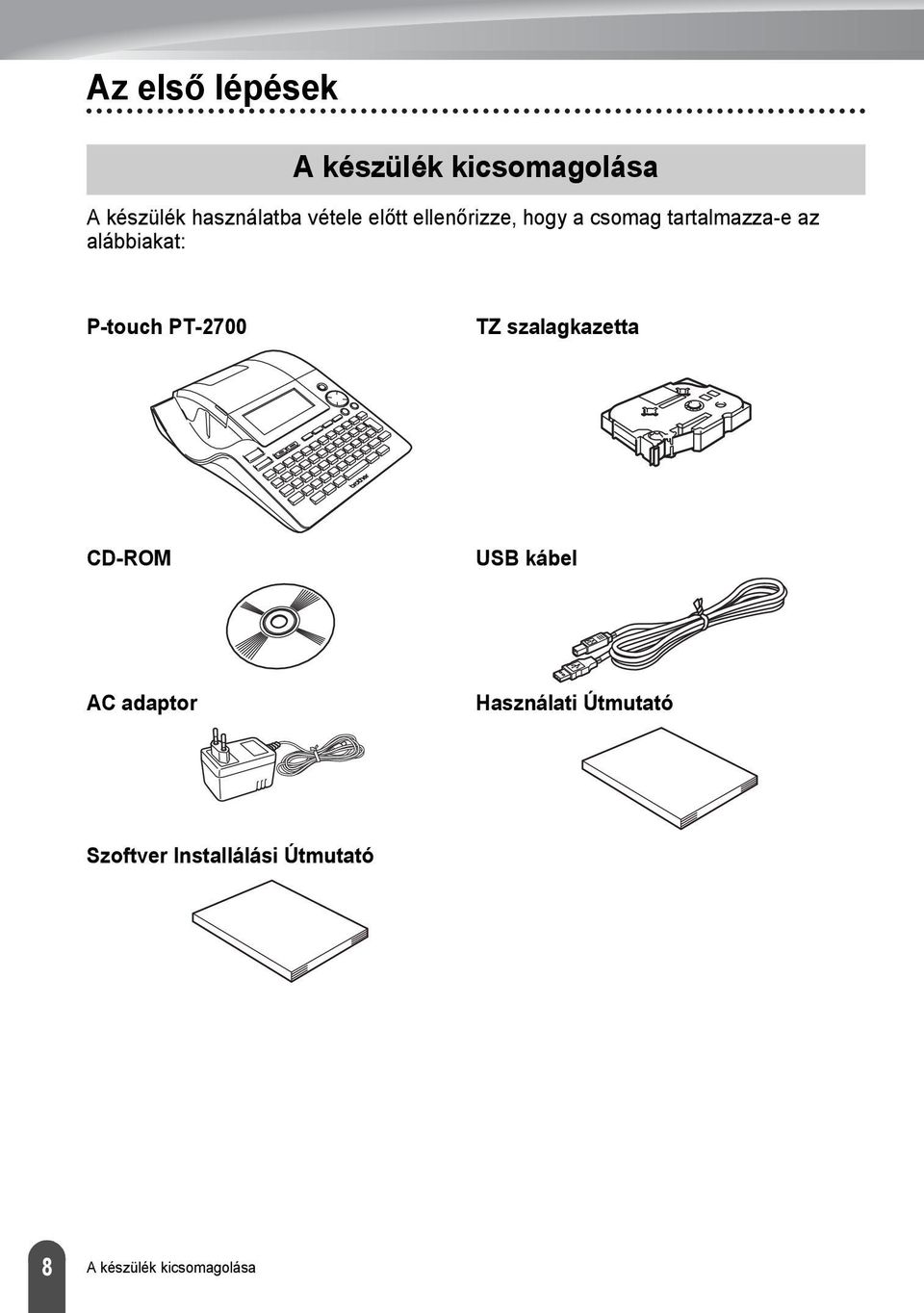 alábbiakat: P-touch PT-00 TZ szalagkazetta CD-ROM USB kábel AC
