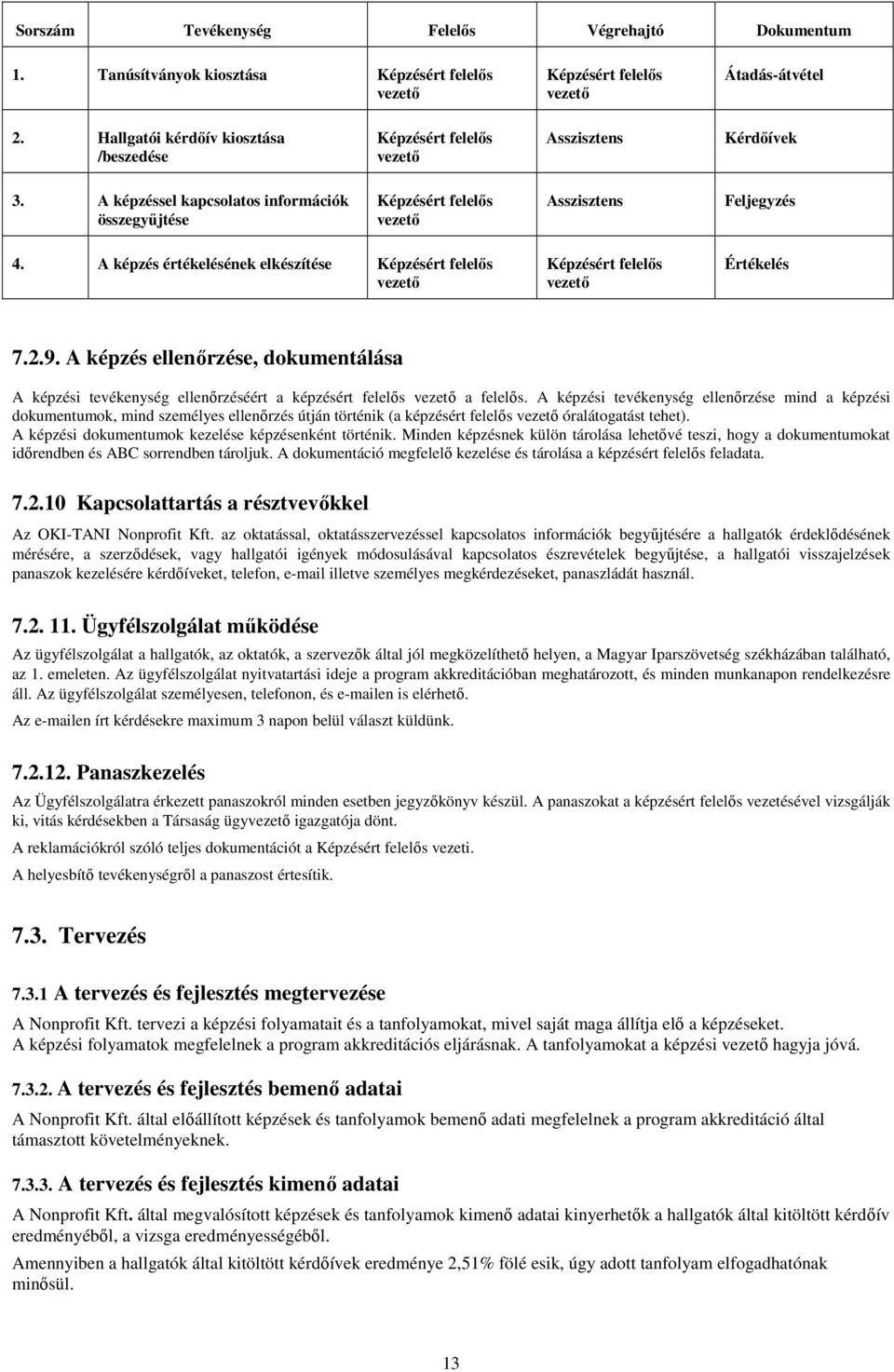 A képzési tevékenység ellenőrzése mind a képzési dokumentumok, mind személyes ellenőrzés útján történik (a képzésért felelős óralátogatást tehet).