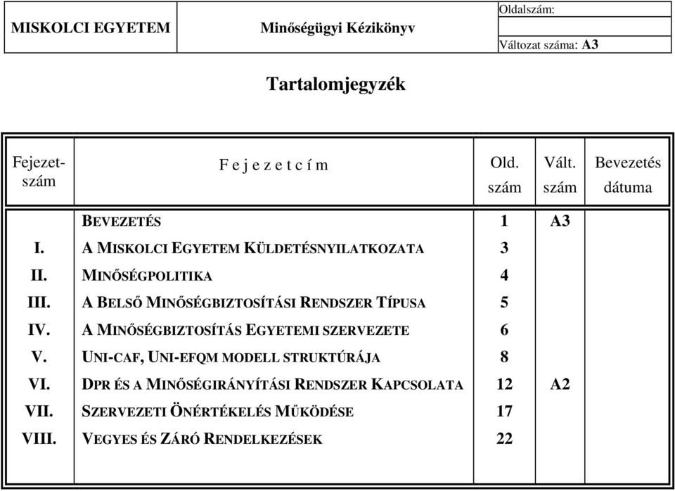 A BELSŐ MINŐSÉGBIZTOSÍTÁSI RENDSZER TÍPUSA 5 IV. A MINŐSÉGBIZTOSÍTÁS EGYETEMI SZERVEZETE 6 V.