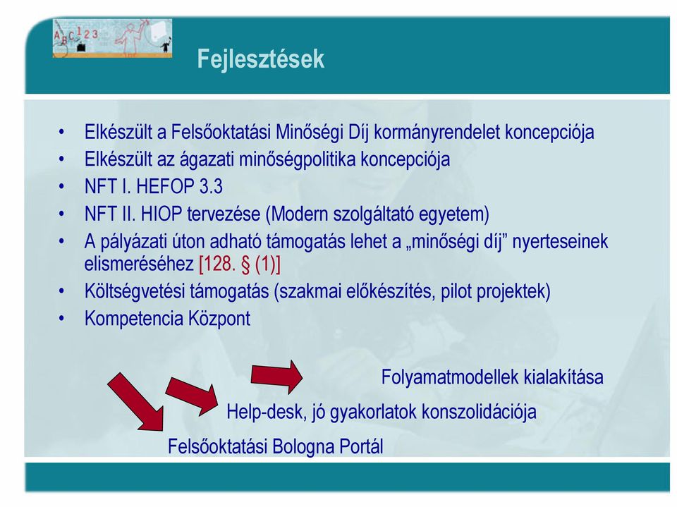 HIOP tervezése (Modern szolgáltató egyetem) A pályázati úton adható támogatás lehet a minőségi díj nyerteseinek