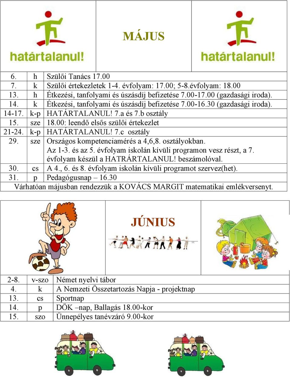 sze Országos kompetenciamérés a 4,6,8. osztályokban. Az 1-3. és az 5. évfolyam iskolán kívüli programon vesz részt, a 7. évfolyam készül a HATRÁRTALANUL! beszámolóval. 30. cs A 4., 6. és 8.