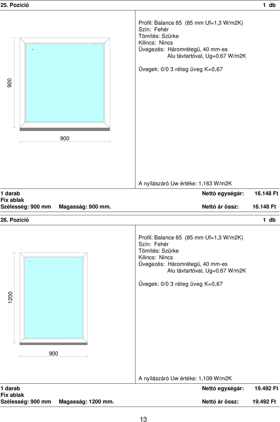 Pozíció 1 db 1200 A nyílászáró Uw értéke: 1,109 W/m2K 1 darab Nettó egységár: