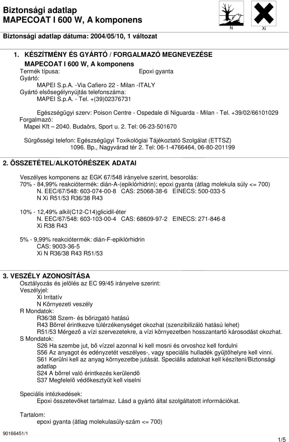 40. Budaörs, Sport u. 2. Tel: 06-23-501670 Sürgısségi telefon: Egészségügyi Toxikológiai Tájékoztató Szolgálat (ETTSZ) 1096. Bp., Nagyvárad tér 2. Tel: 06-1-4766464, 06-80-201199 2.