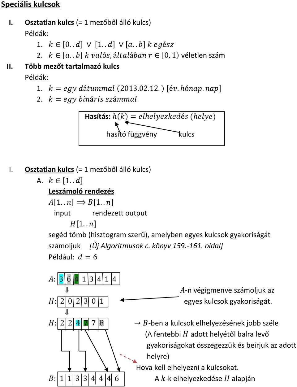 Leszámoló rendezés input rendezett output segéd tömb (hisztogram szerű), amelyben egyes kulcsok gyakoriságát számoljuk [Új Algoritmusok c. könyv 159.-161.