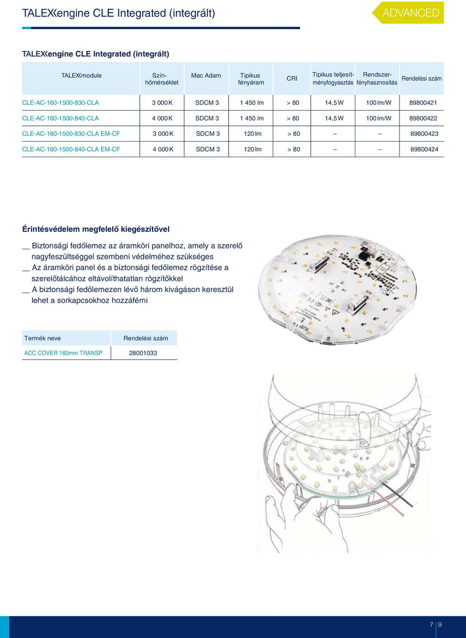 80 8800423 CLE-AC-160-1500-840-CLA EM-CF 4 000K SDCM 3 120lm > 80 8800424 Érintésvédelem megfelelõ kiegészítõvel Biztonsági fedõlemez az áramköri panelhoz, amely a szerelõ nagyfeszültséggel szembeni