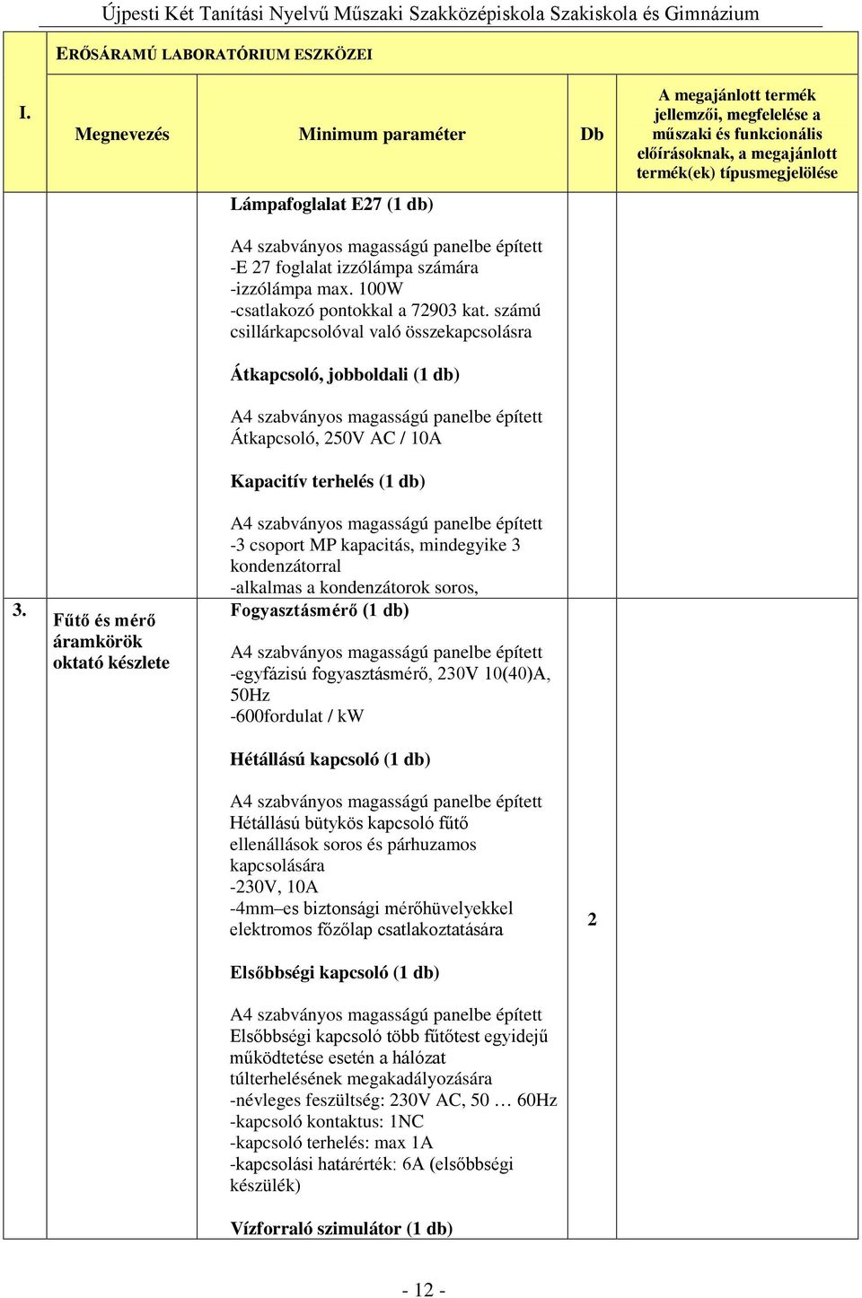 Fűtő és mérő áramkörök oktató készlete -3 csoport MP kapacitás, mindegyike 3 kondenzátorral -alkalmas a kondenzátorok soros, Fogyasztásmérő (1 db) -egyfázisú fogyasztásmérő, 230V 10(40)A, 50Hz