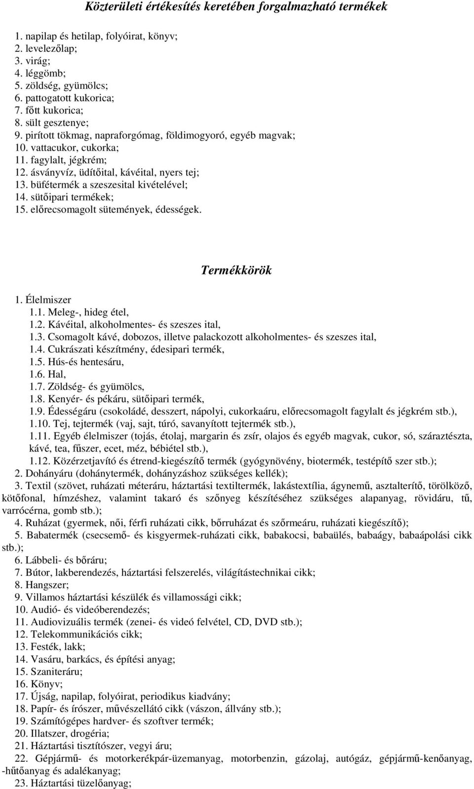 büfétermék a szeszesital kivételével; 14. sütőipari termékek; 15. előrecsomagolt sütemények, édességek. Termékkörök 1. Élelmiszer 1.1. Meleg-, hideg étel, 1.2.