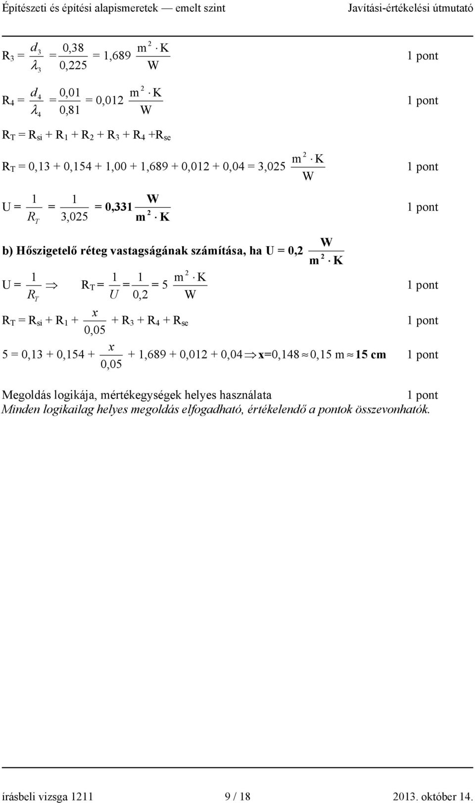 = = 5 R T U 0, 2 W x R T = R si + R 1 + + R 3 + R 4 + R se 0,05 x 5 = 0,13 + 0,154 + + 1,689 + 0,012 + 0,04 x=0,148 0,15 m 15 cm 0,05 Megoldás logikája,