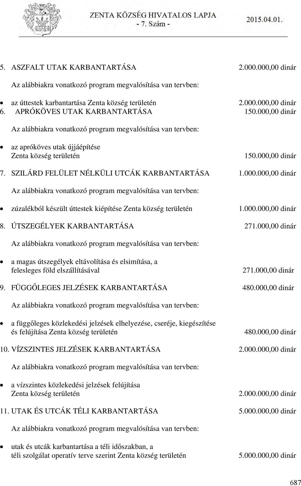 000,00 dinár a magas útszegélyek eltávolítása és elsimítása, a felesleges föld elszállításával 271.000,00 dinár 9. FÜGGŐLEGES JELZÉSEK KARBANTARTÁSA 480.