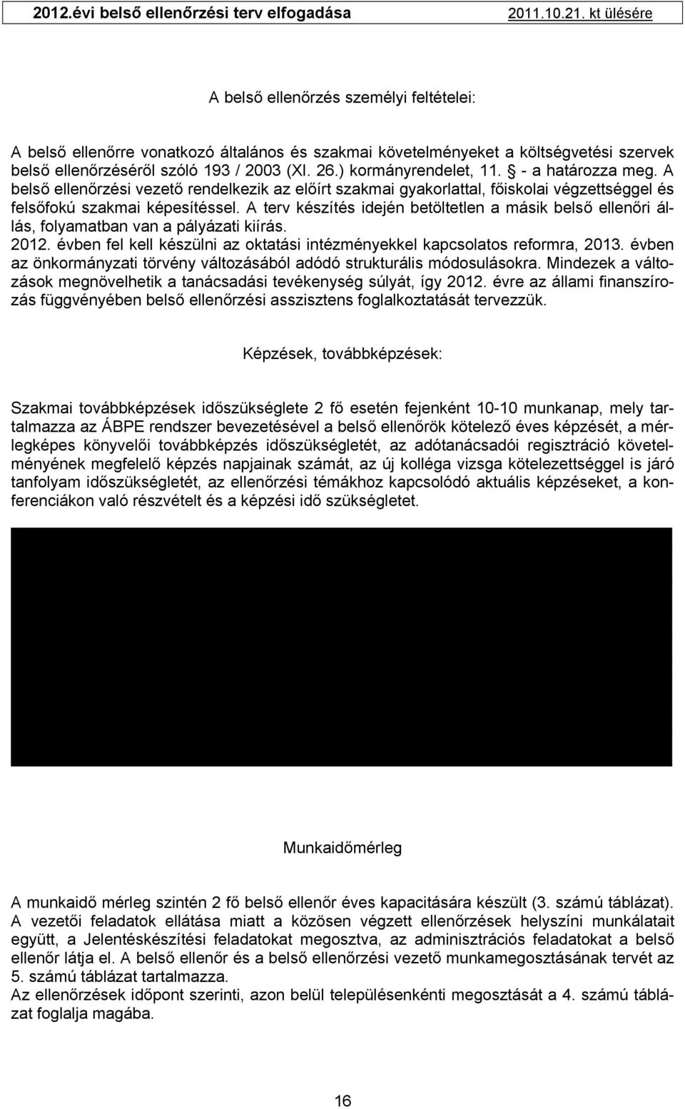 A terv készítés idején betöltetlen a másik belső ellenőri állás, folyamatban van a pályázati kiírás. 2012. évben fel kell készülni az oktatási intézményekkel kapcsolatos reformra, 2013.