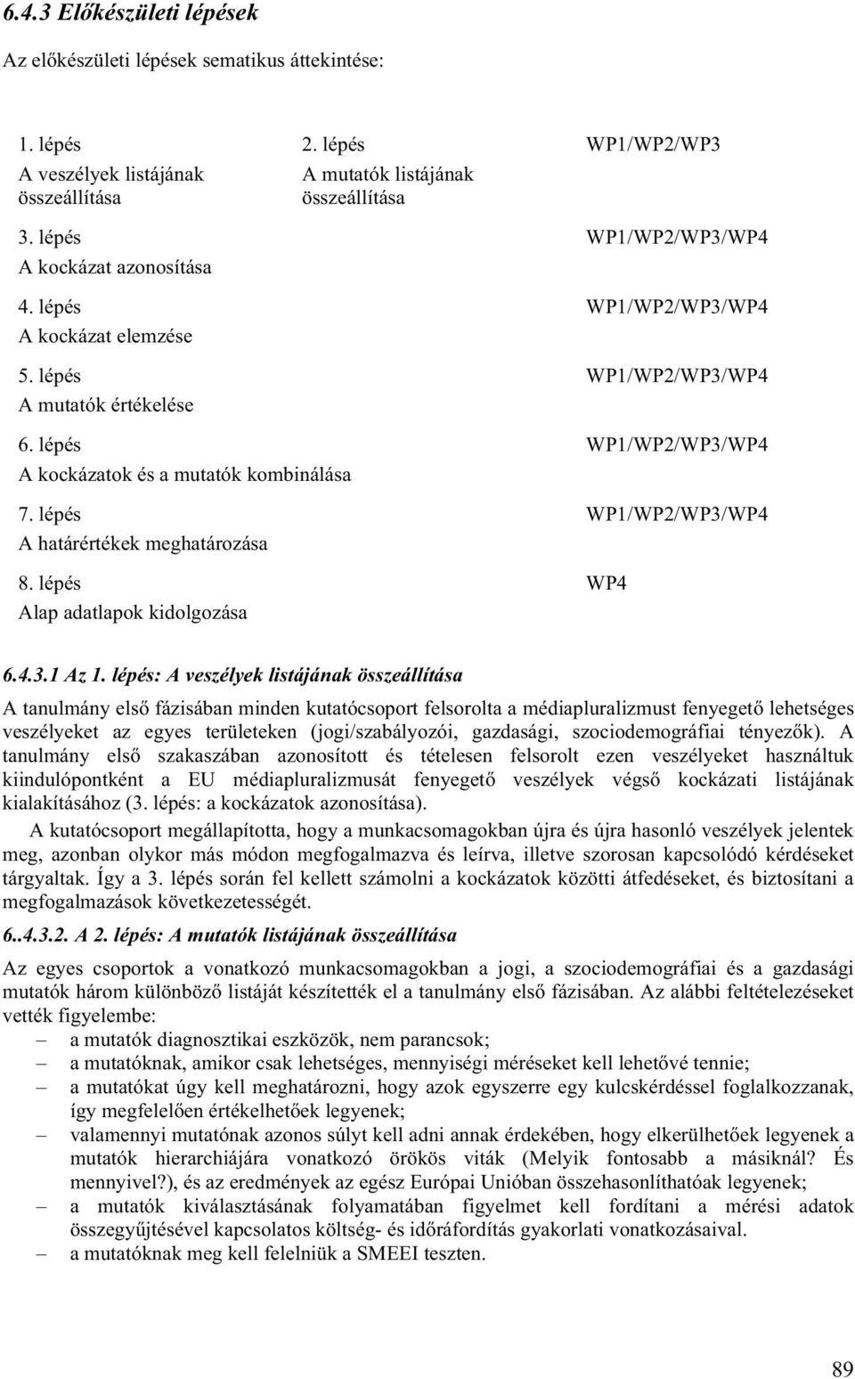 lépés A mutatók listájának összeállítása WP1/WP2/WP3 WP1/WP2/WP3/WP4 WP1/WP2/WP3/WP4 WP1/WP2/WP3/WP4 WP1/WP2/WP3/WP4 WP1/WP2/WP3/WP4 WP4 6.4.3.1 Az 1.