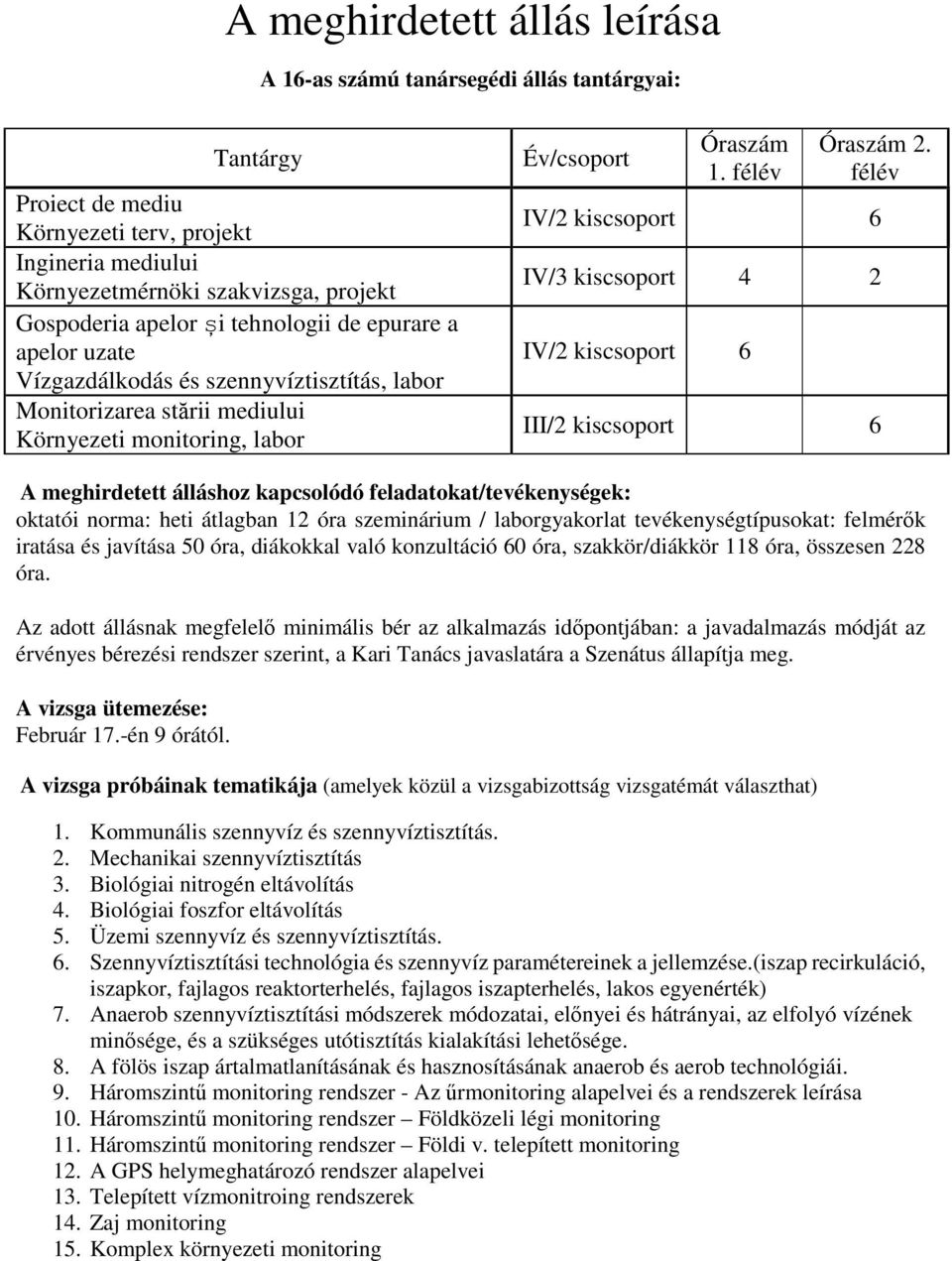 félév IV/2 kiscsoport 6 IV/3 kiscsoport 4 2 IV/2 kiscsoport 6 III/2 kiscsoport 6 A meghirdetett álláshoz kapcsolódó feladatokat/tevékenységek: oktatói norma: heti átlagban 12 óra szeminárium /