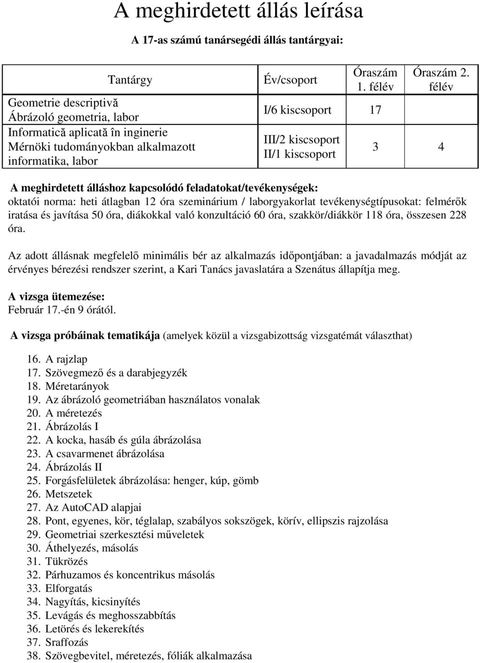 félév 3 4 A meghirdetett álláshoz kapcsolódó feladatokat/tevékenységek: oktatói norma: heti átlagban 12 óra szeminárium / laborgyakorlat tevékenységtípusokat: felmérők iratása és javítása 50 óra,