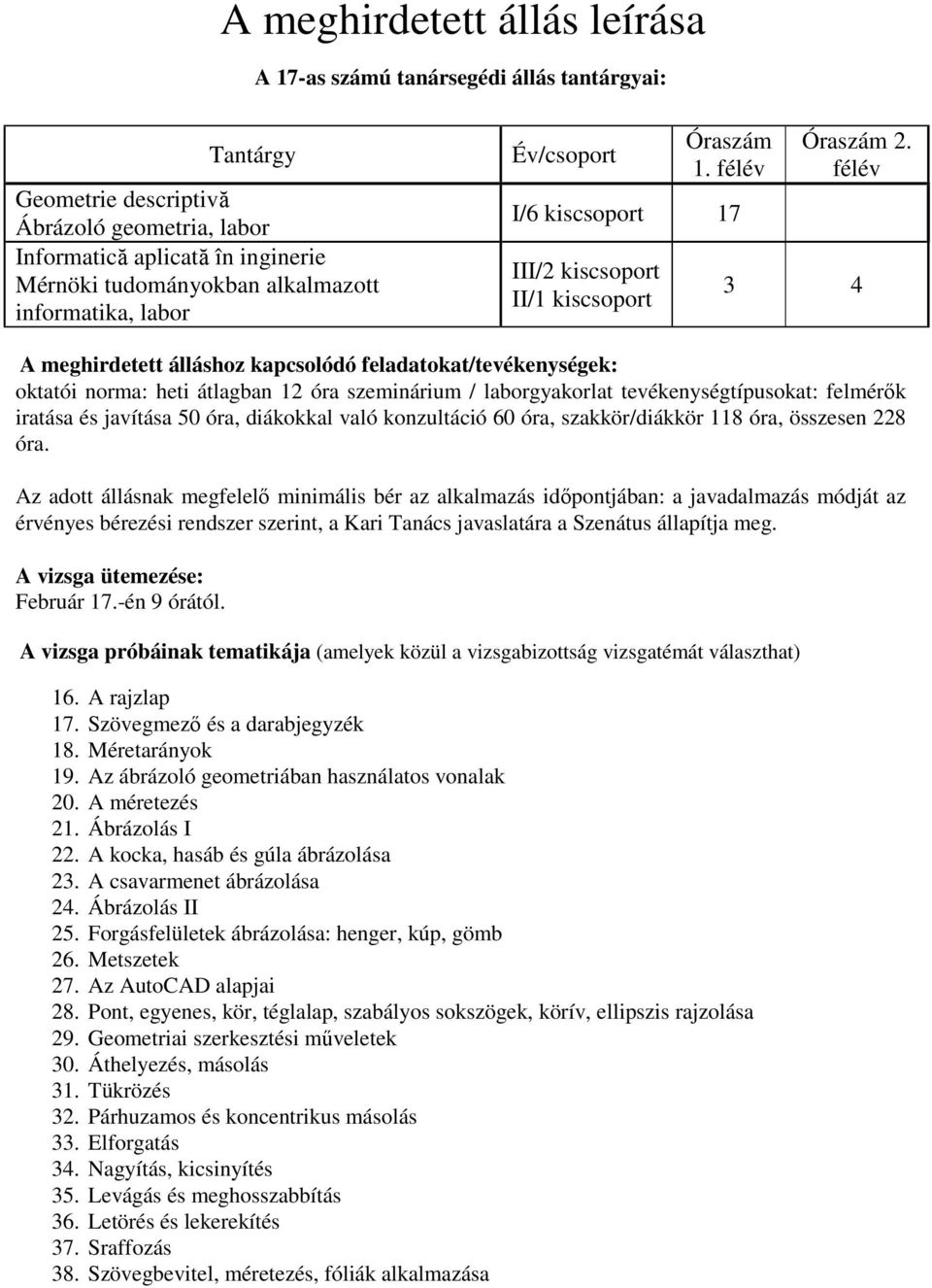 félév 3 4 A meghirdetett álláshoz kapcsolódó feladatokat/tevékenységek: oktatói norma: heti átlagban 12 óra szeminárium / laborgyakorlat tevékenységtípusokat: felmérők iratása és javítása 50 óra,