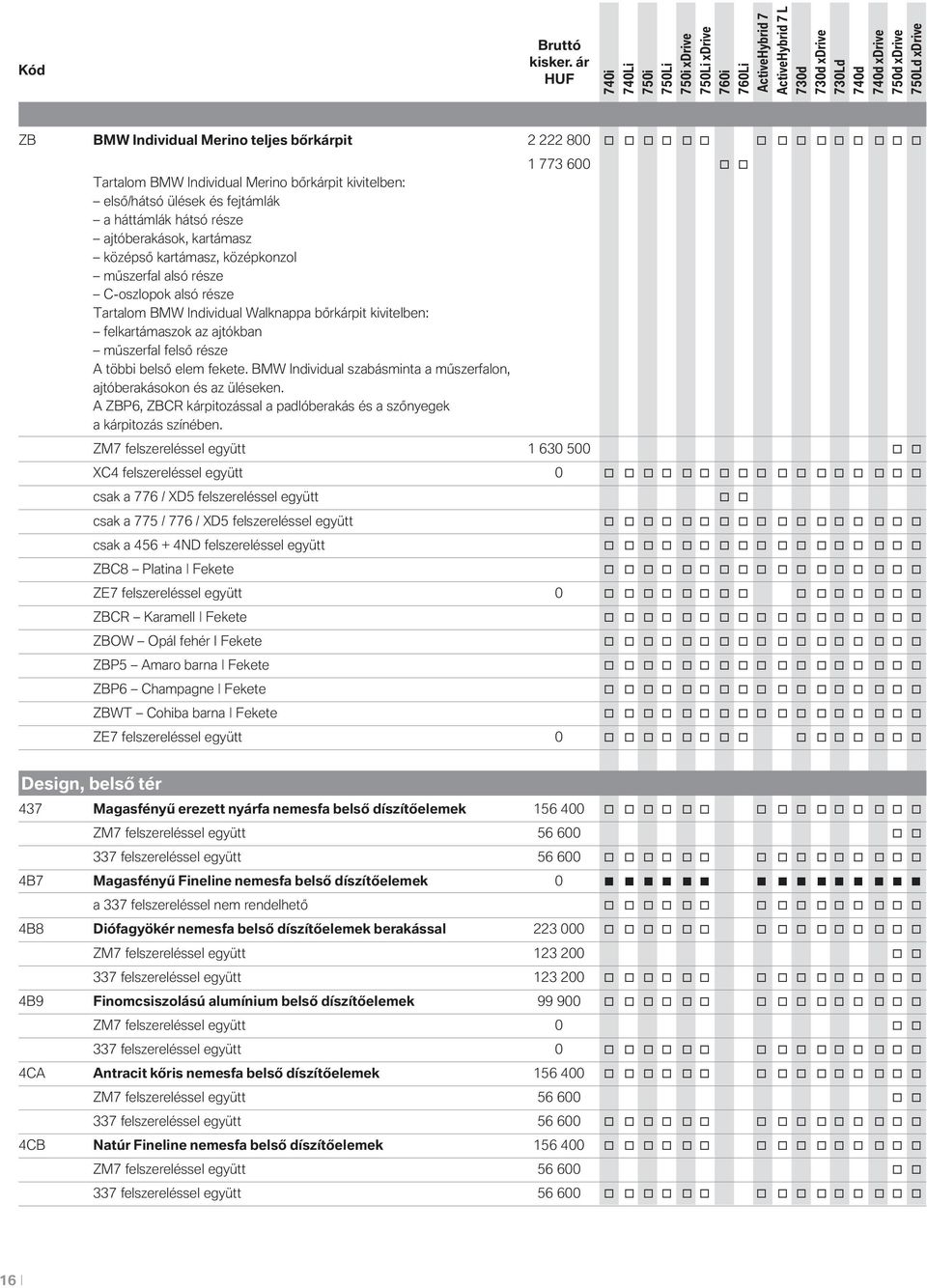 része A többi belső elem fekete. BMW Individual szabásminta a műszerfalon, ajtóberakásokon és az üléseken. A ZBP6, ZBCR kárpitozással a padlóberakás és a szőnyegek a kárpitozás színében.