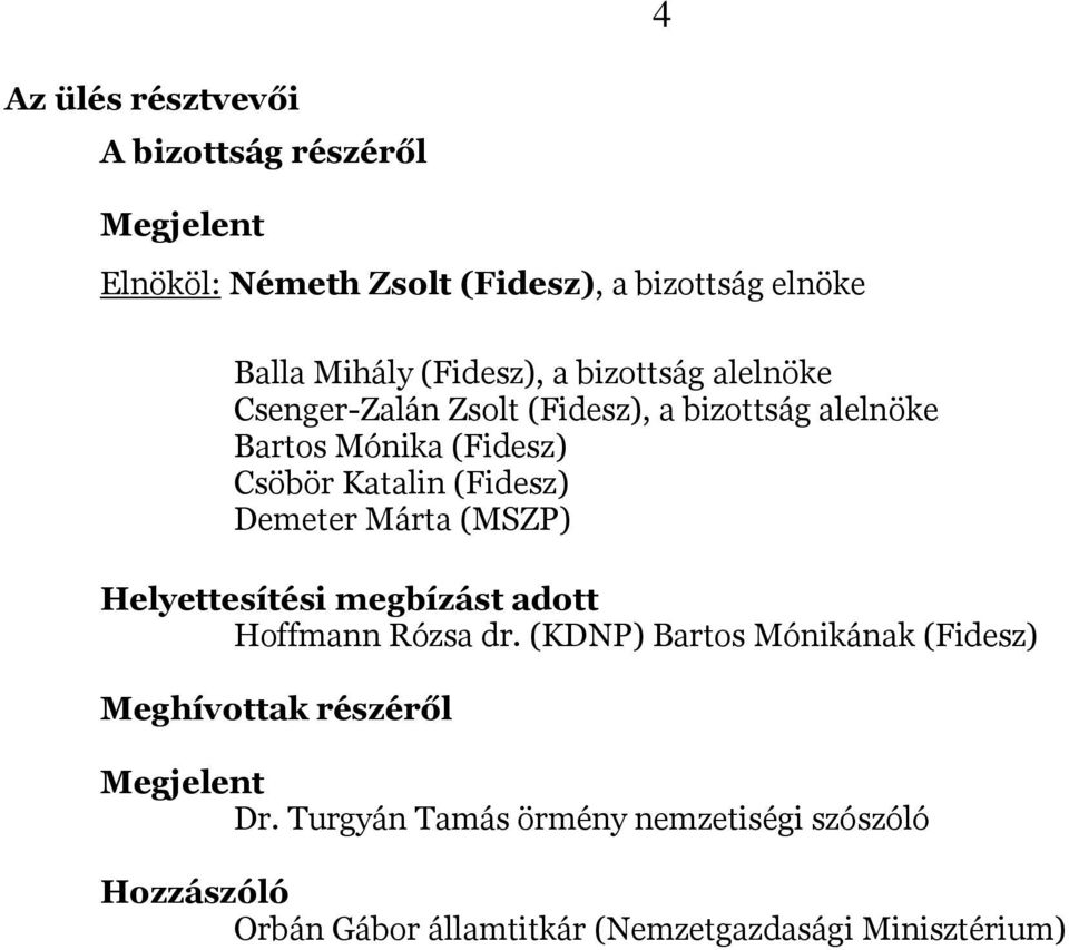 (Fidesz) Demeter Márta (MSZP) Helyettesítési megbízást adott Hoffmann Rózsa dr.