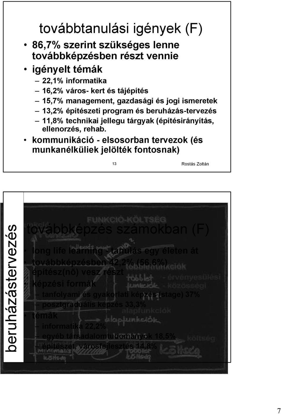 kommunikáció - elsosorban tervezok (és munkanélküliek jelölték fontosnak) 13 Rostás Zoltán beruházástervezés továbbképzés számokban (F) long life learning - tanulás egy életen át