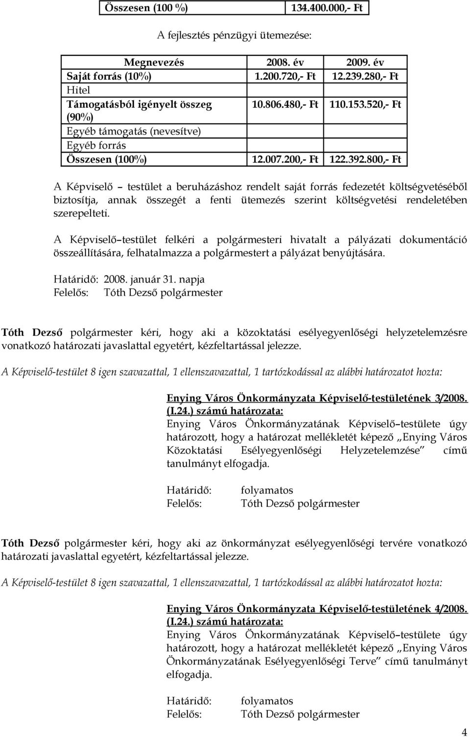 800,- Ft A Képviselő testület a beruházáshoz rendelt saját forrás fedezetét költségvetéséből biztosítja, annak összegét a fenti ütemezés szerint költségvetési rendeletében szerepelteti.