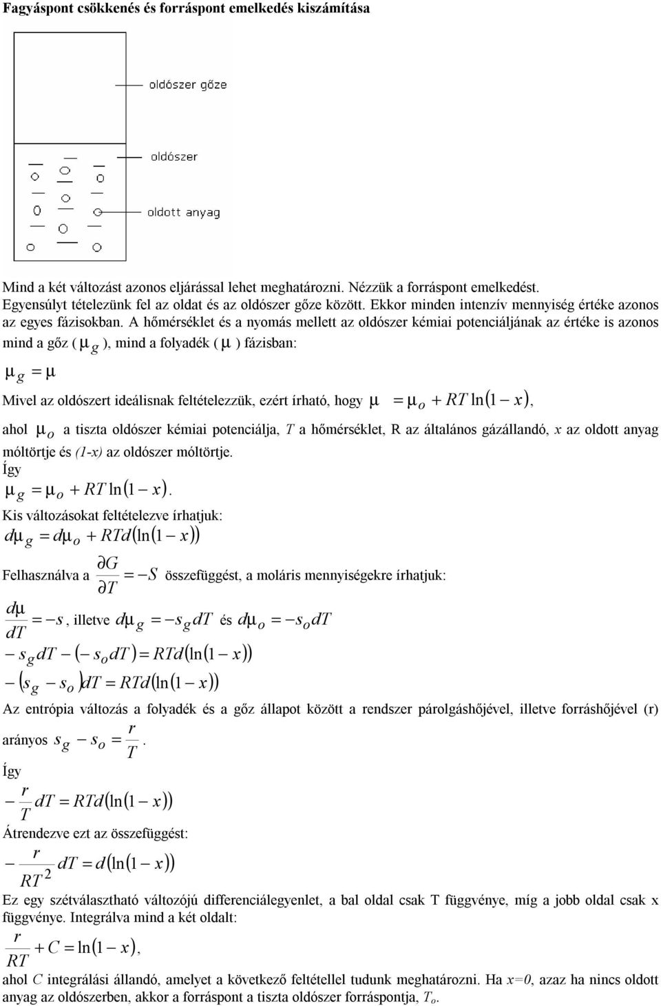 A hőmérséklet és a nymás mellett az ldószer kéma ptenáljának az értéke s azns mnd a gőz ( µ g ), mnd a flyadék ( µ ) fázsban: µ µ g Mvel az ldószert deálsnak feltételezzük, ezért írható, hgy µ + R