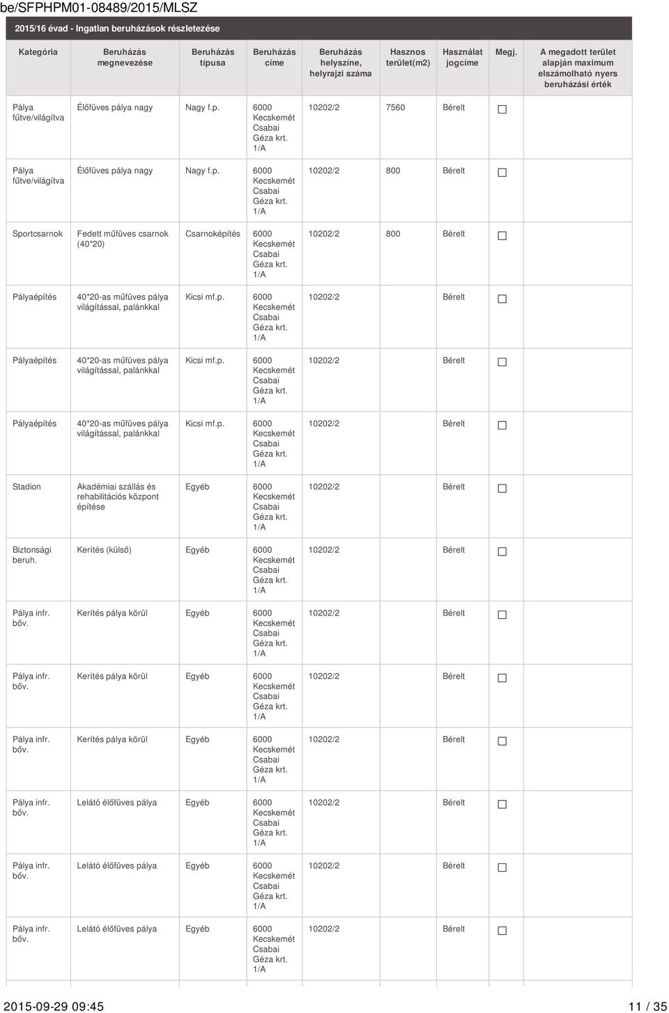 án maximum elszámolható nyers beruházási érték Pálya fűtve/világítva Pálya fűtve/világítva Élőfüves pá