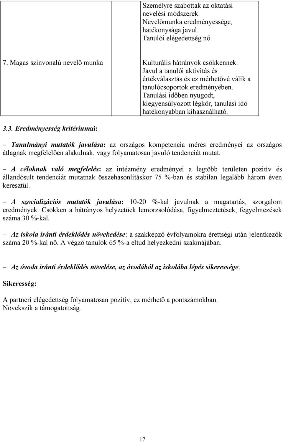 3. Eredményesség kritériumai: Tanulmányi mutatók javulása: az országos kompetencia mérés eredményei az országos átlagnak megfelelően alakulnak, vagy folyamatosan javuló tendenciát mutat.