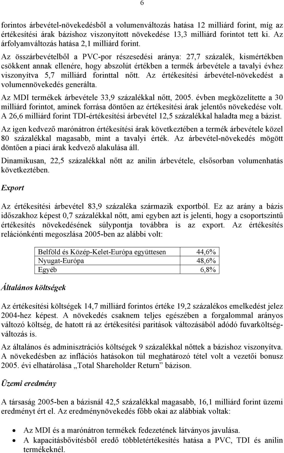 Az összárbevételből a PVC-por részesedési aránya: 27,7 százalék, kismértékben csökkent annak ellenére, hogy abszolút értékben a termék árbevétele a tavalyi évhez viszonyítva 5,7 milliárd forinttal