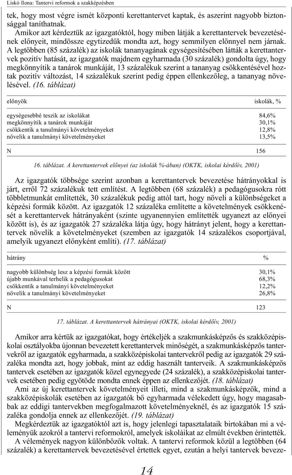 A legtöbben (85 százalék) az iskolák tananyagának egységesítésében látták a kerettantervek pozitív hatását, az igazgatók majdnem egyharmada (30 százalék) gondolta úgy, hogy megkönnyítik a tanárok