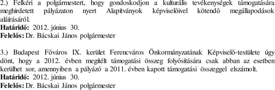 kerület Ferencváros Önkormányzatának Képviselő-testülete úgy dönt, hogy a 2012.