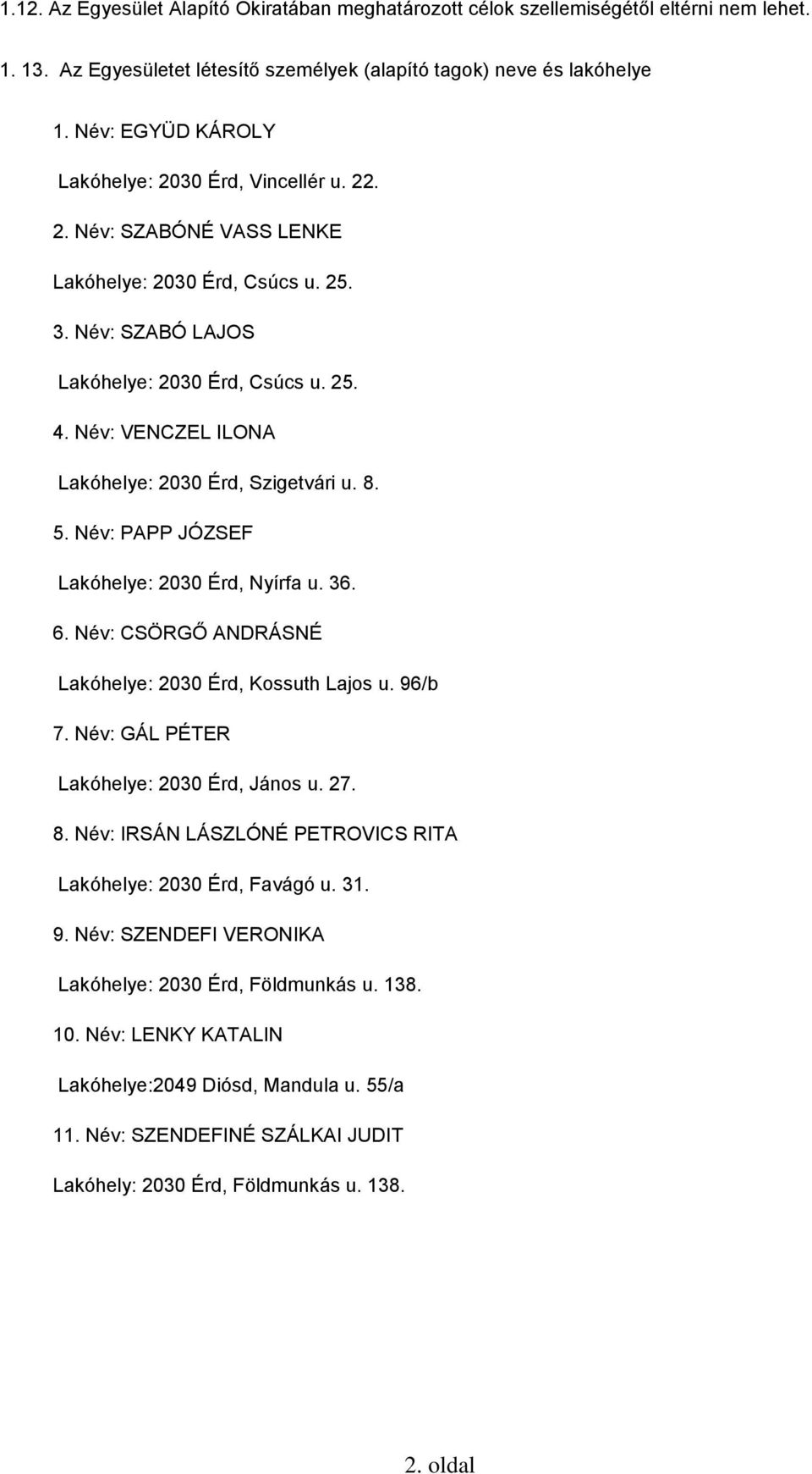 Név: VENCZEL ILONA Lakóhelye: 2030 Érd, Szigetvári u. 8. 5. Név: PAPP JÓZSEF Lakóhelye: 2030 Érd, Nyírfa u. 36. 6. Név: CSÖRGŐ ANDRÁSNÉ Lakóhelye: 2030 Érd, Kossuth Lajos u. 96/b 7.