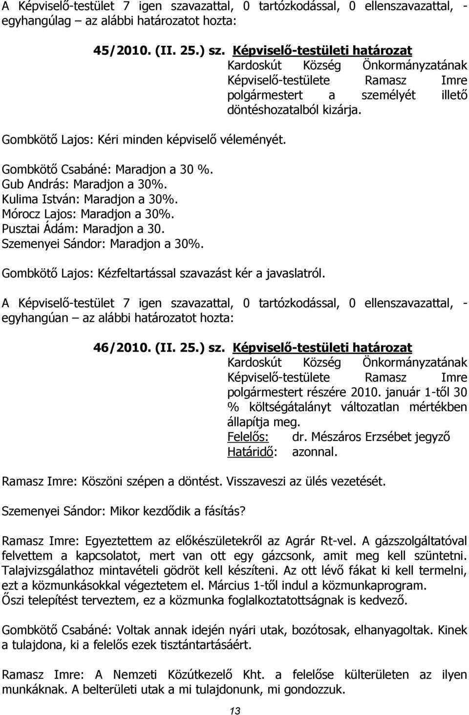 Gombkötő Lajos: Kéri minden képviselő véleményét. Gombkötő Csabáné: Maradjon a 30 %. Gub András: Maradjon a 30%. Kulima István: Maradjon a 30%. Mórocz Lajos: Maradjon a 30%.