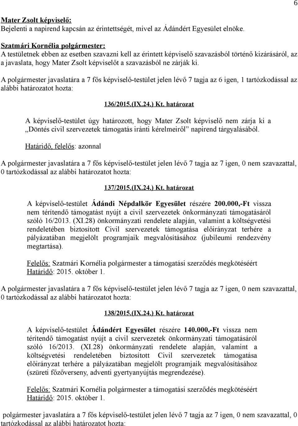 A polgármester javaslatára a 7 fős képviselő-testület jelen lévő 7 tagja az 6 igen, 1 tartózkodással az alábbi határozatot hozta: 136/2015.(IX.24.) Kt.