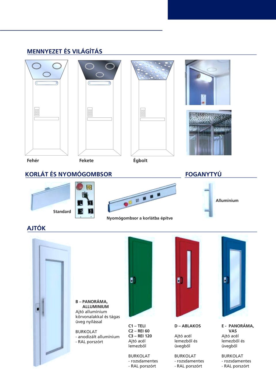 porszórt C1 TELI C2 REI 60 C3 REI 120 Ajtó acél lemezbôl D ABLAKOS Ajtó acél lemezbôl és üvegbôl E - PANORÁMA, VAS Ajtó acél