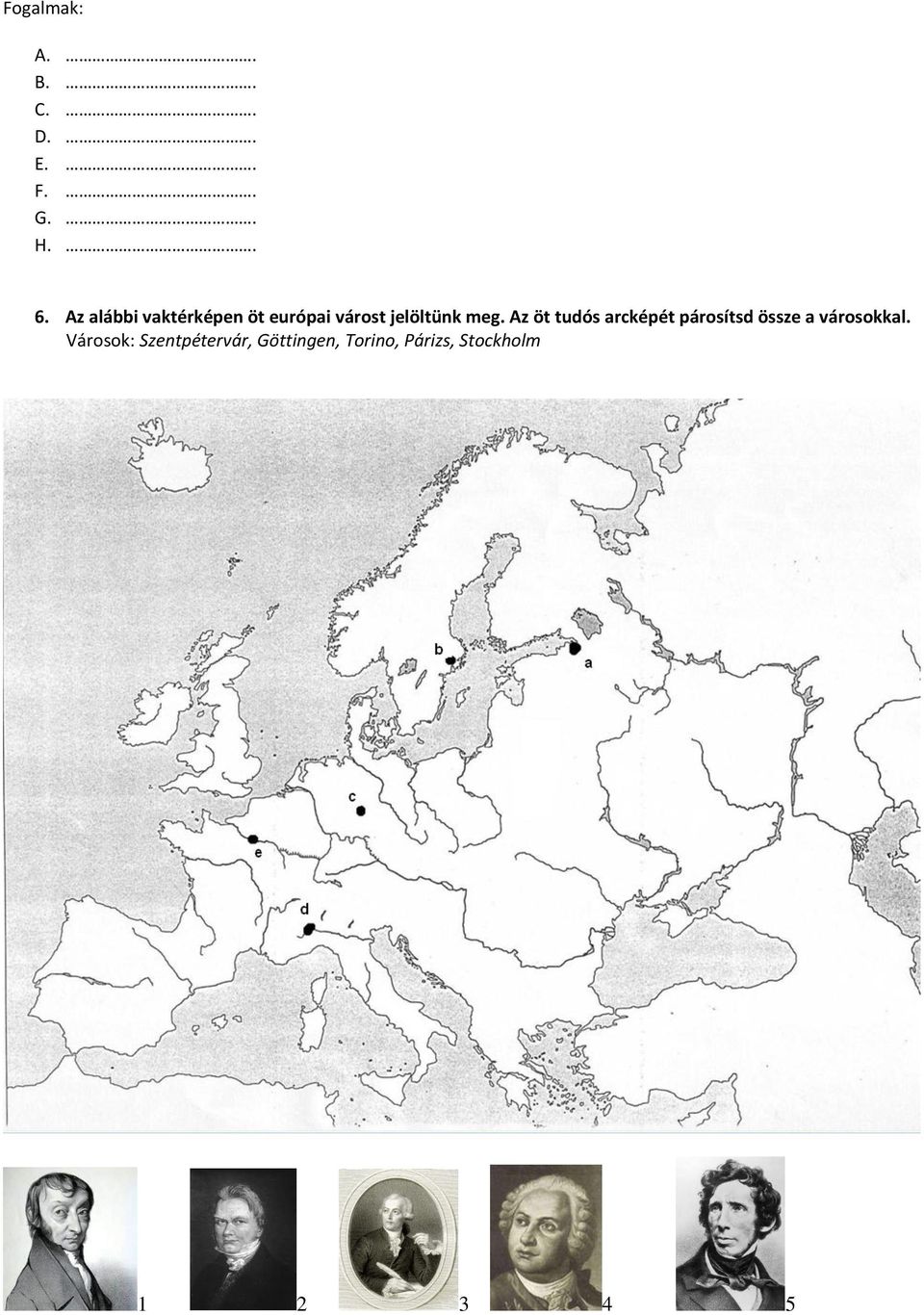 Az öt tudós arcképét párosítsd össze a városokkal.