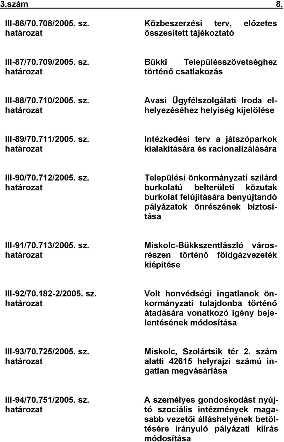 sz. határozat Települési önkormányzati szilárd burkolatú belterületi közutak burkolat felújítására benyújtandó pályázatok önrészének biztosítása III-91/70.713/2005. sz. határozat Miskolc-Bükkszentlászló városrészen történő földgázvezeték kiépítése III-92/70.